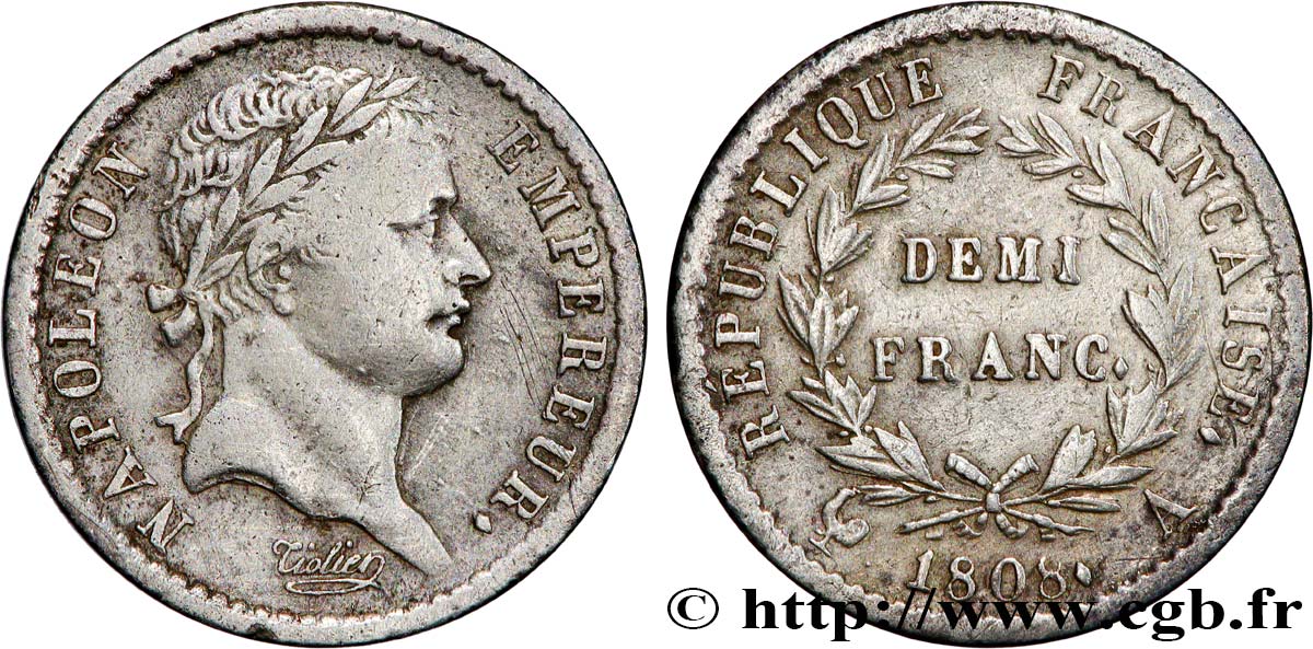 Demi-franc Napoléon Ier tête laurée, République française, Coins Tournés 1808 Paris F.177/2 TB 
