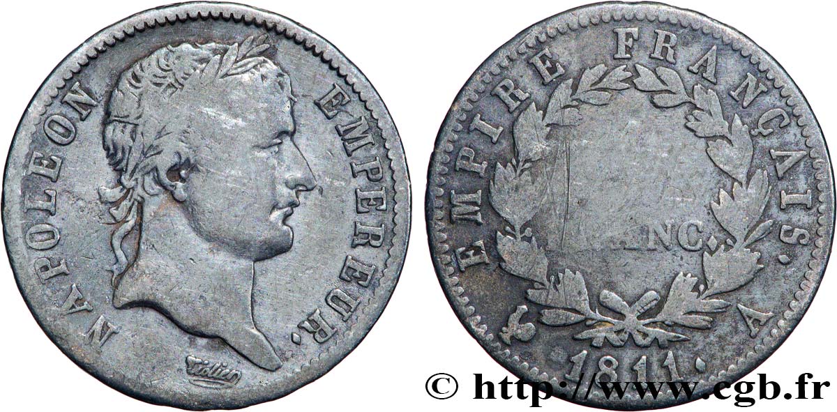 1 franc Napoléon Ier tête laurée, Empire français 1811 Paris F.205/28 B+ 