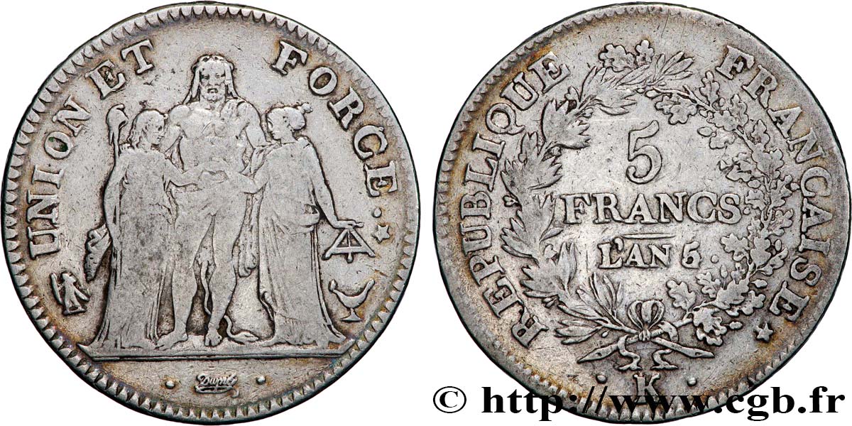 5 francs Union et Force, Union desserré, avec glands intérieurs et gland extérieur 1797 Bordeaux F.291/15 TB20 