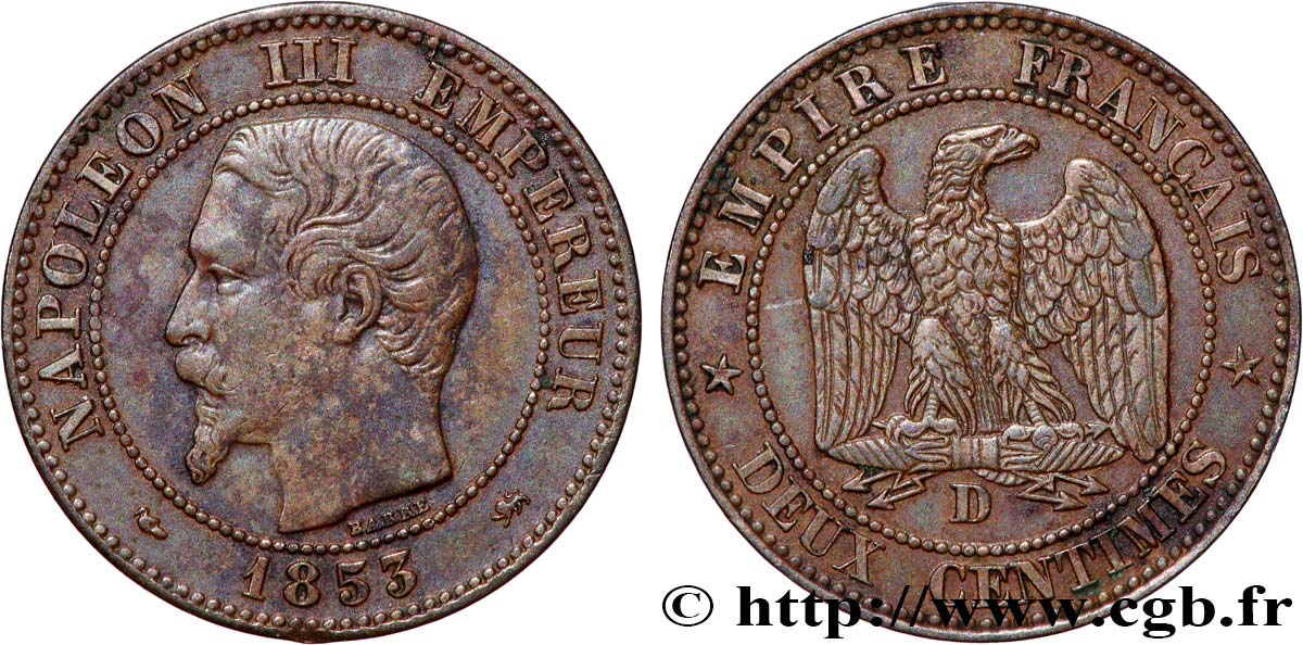 Deux centimes Napoléon III, tête nue, grand D 1853 Lyon F.107/4 XF 