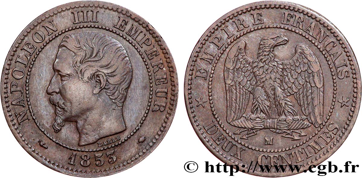 Deux centimes Napoléon III, tête nue 1853 Marseille F.107/7 BB45 