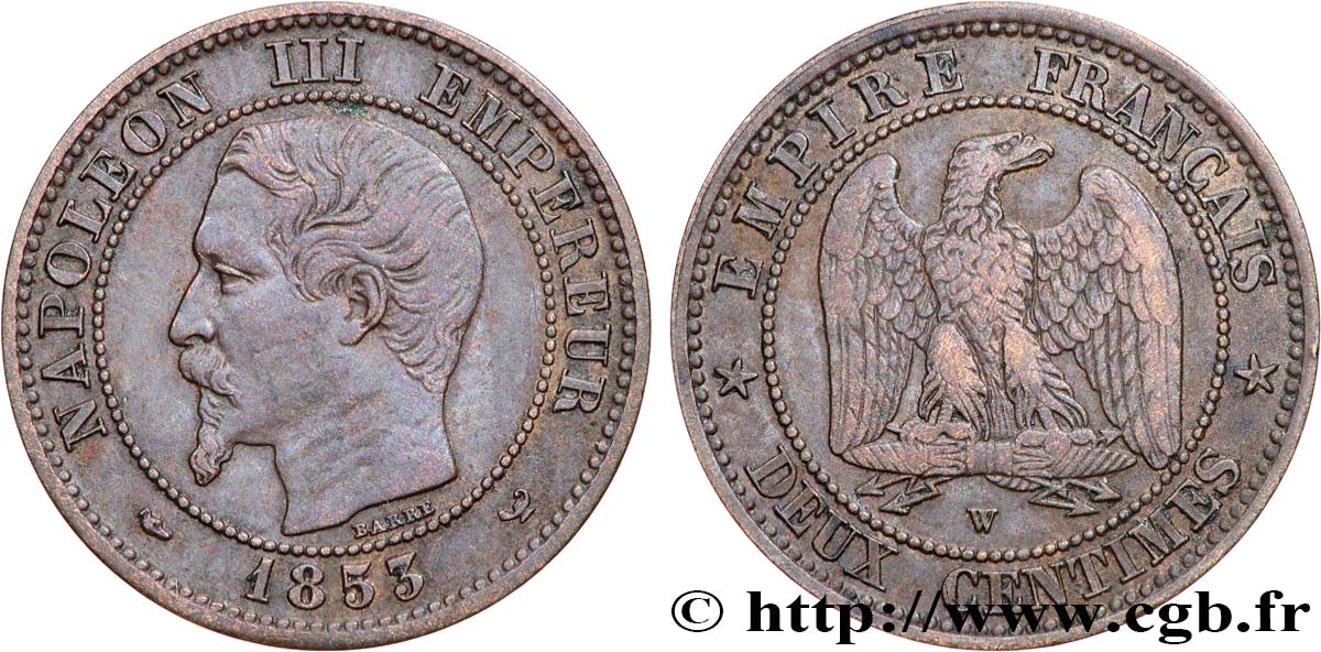 Deux centimes Napoléon III, tête nue 1853 Lille F.107/8 VF 