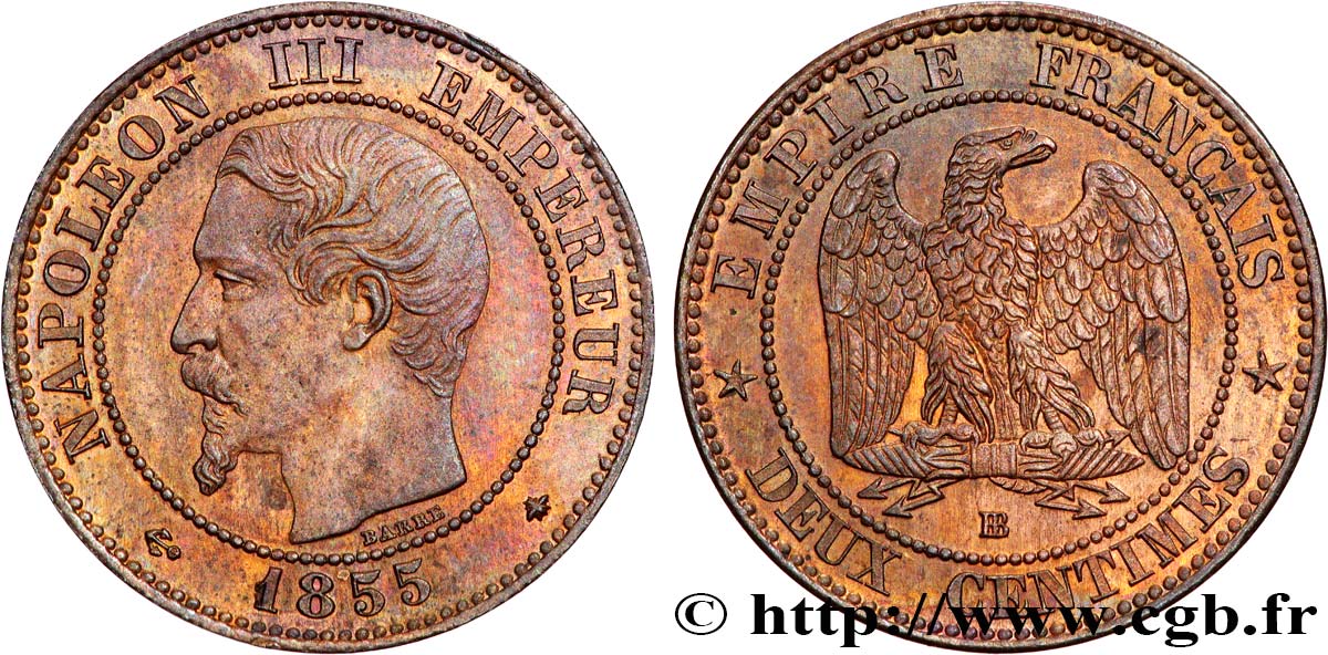 Deux centimes Napoléon III, tête nue 1855 Strasbourg F.107/24 VZ+ 