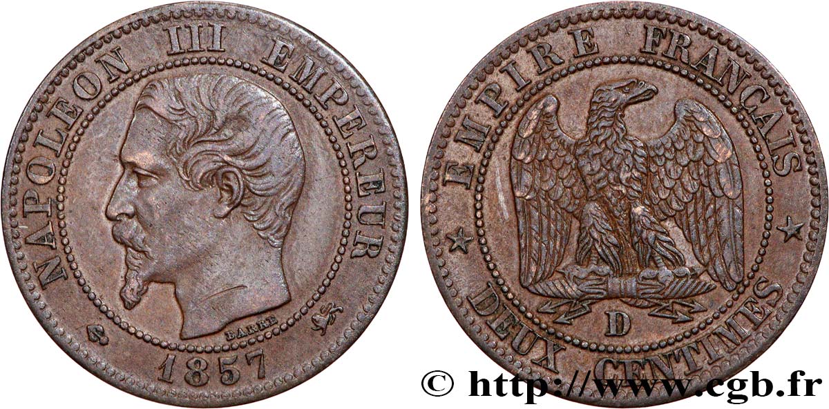 Deux centimes Napoléon III, tête nue, Grand D, Grand Lyon 1857 Lyon F.107/46 AU 