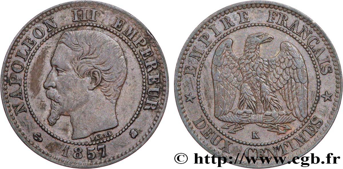 Deux centimes Napoléon III, tête nue 1857 Bordeaux F.107/49 XF40 