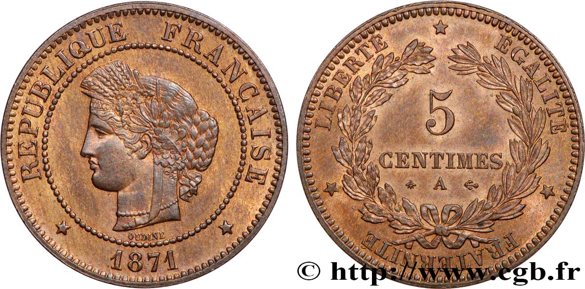 5 centimes Cérès 1871  Paris F.118/2 SPL64 