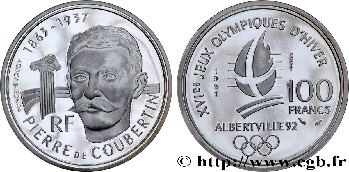 Essai Belle Épreuve de 100 francs Jeux Olympiques d hiver d Albertville, Pierre de Coubertin 1991 Paris F.1615 1 ST 