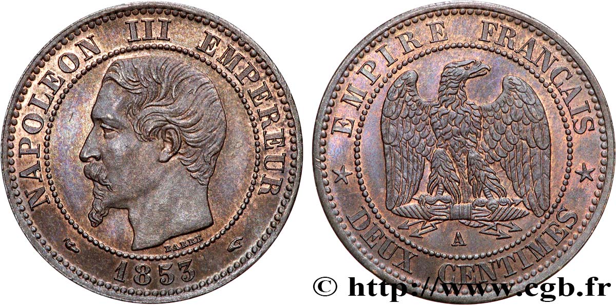 Deux centimes Napoléon III, tête nue 1853 Paris F.107/1 MS62 