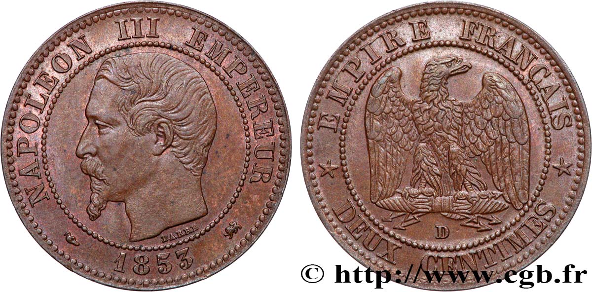 Deux centimes Napoléon III, tête nue 1853 Lyon F.107/5 AU55 