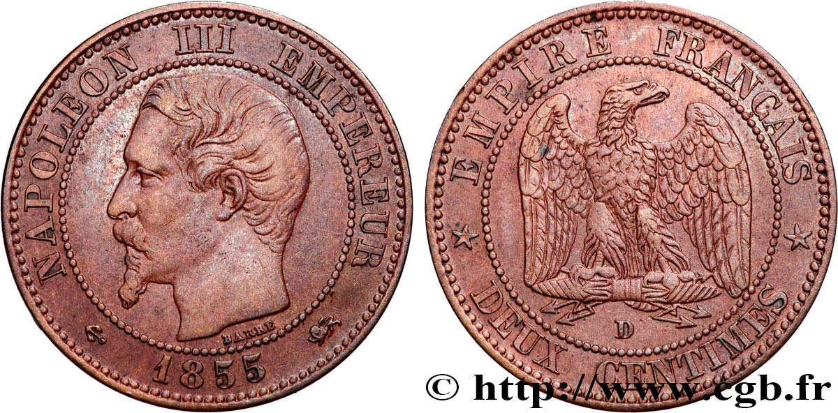 Deux centimes Napoléon III, tête nue 1855 Lyon F.107/31 XF 