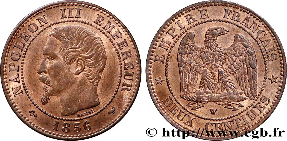 Deux centimes Napoléon III, tête nue 1856 Lille F.107/43 MS63 
