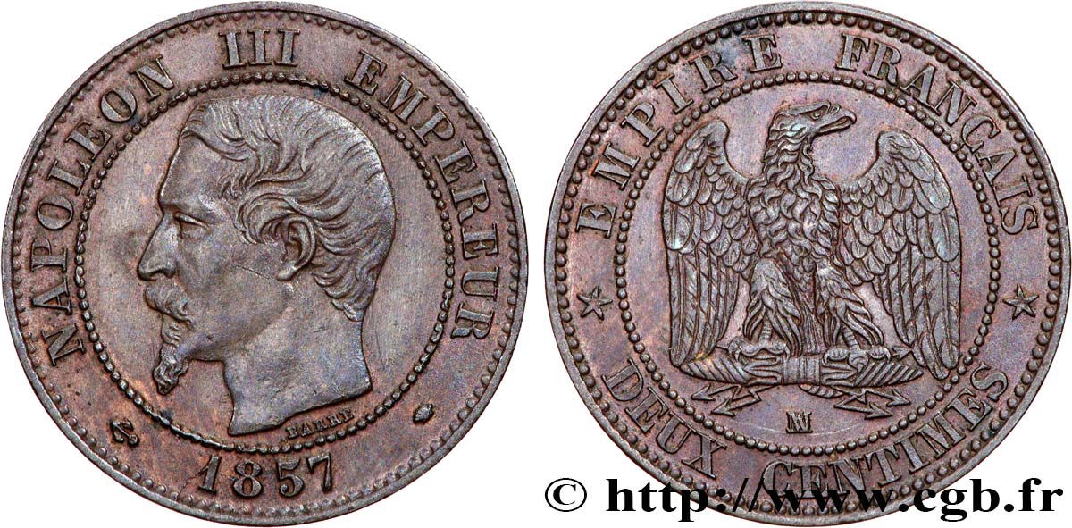 Deux centimes Napoléon III, tête nue 1857 Marseille F.107/50 TTB53 