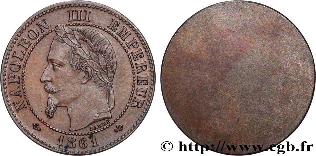 Essai uniface avers de Deux centimes Napoléon III, tête laurée, Buste définitif 1861  Maz.1724 a MS62 