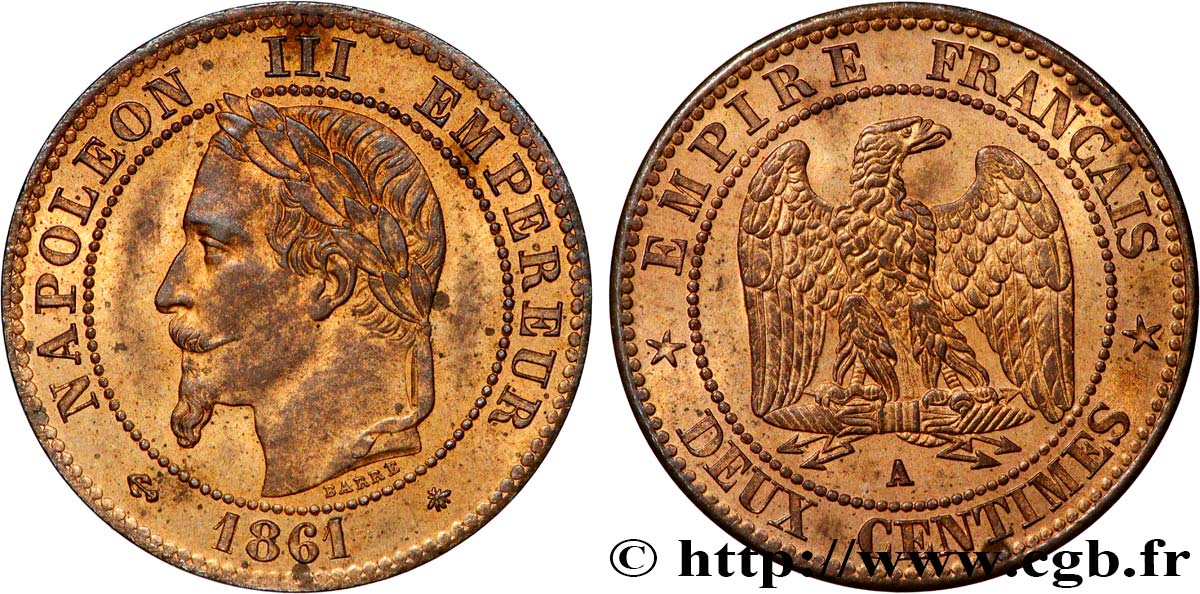 Deux centimes Napoléon III, tête laurée, buste définitif 1861 Paris F.108A/1 SPL62 