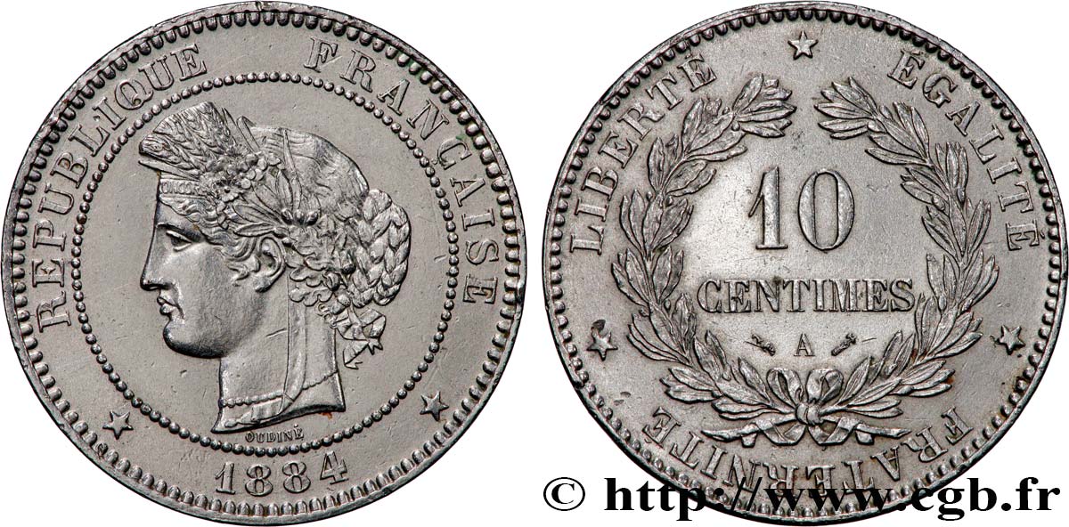 10 centimes Cérès, nickelé 1884 Paris F.135/28 var. SUP 
