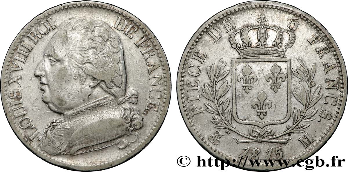 5 francs Louis XVIII, buste habillé 1815 Toulouse F.308/26 VF 