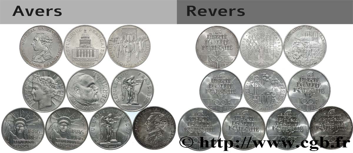 Lot de 10 pièces de 100 francs commémoratives - - F.-/ TTB 