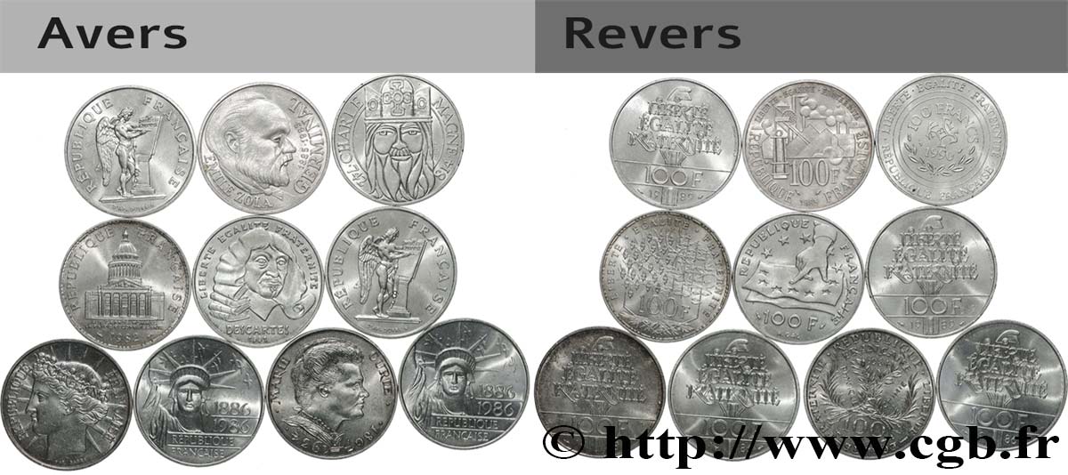 Lot de 10 pièces de 100 francs commémoratives - - F.-/ TTB 