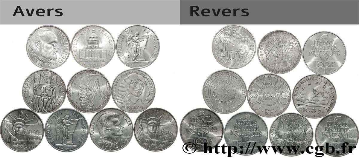 Lot de 10 pièces de 100 francs commémoratives - - F.-/ TTB 