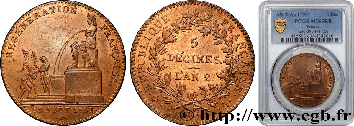 5 décimes, Régénération française 1793 Paris F.172A/1 MS63 PCGS