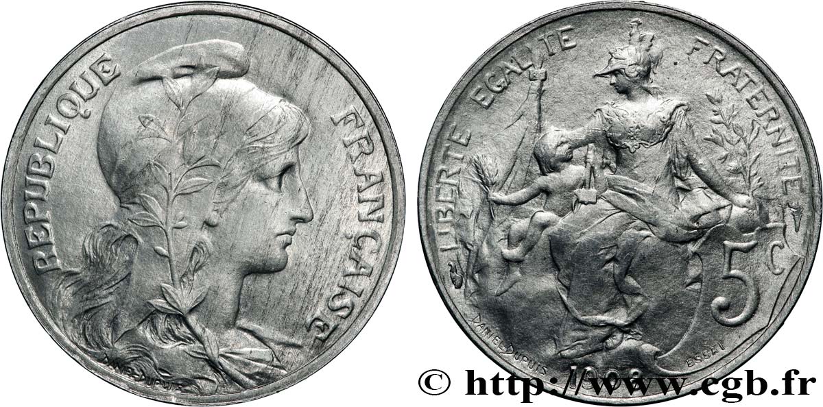 Essai de 5 centimes Daniel-Dupuis, en aluminium, poids léger 1908 Paris GEM.14 18 MS63 