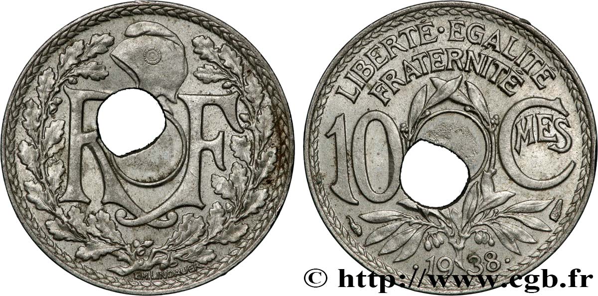 10 centimes Lindauer, maillechort, perforation décentrée 1938  F.139/2 var. SPL 