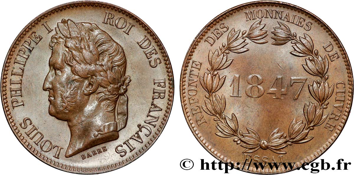 Refonte des monnaies de cuivre, essai au module de 5 centimes en bronze 1847 - VG.2997  MS63 