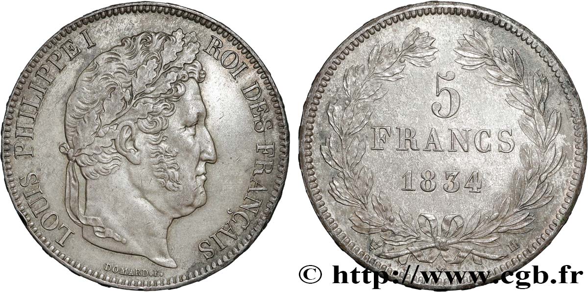 5 francs IIe type Domard 1834 La Rochelle F.324/33 EBC+ 