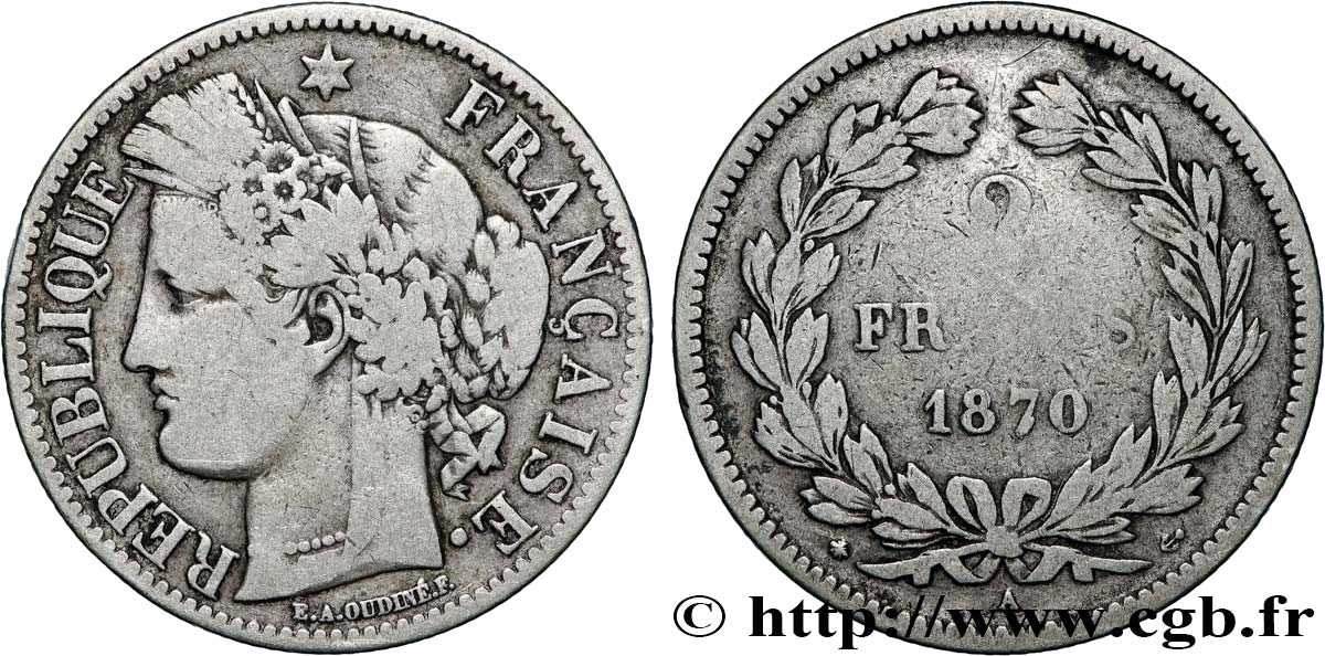 2 francs Cérès, sans légende 1870 Paris F.264/1 VF 