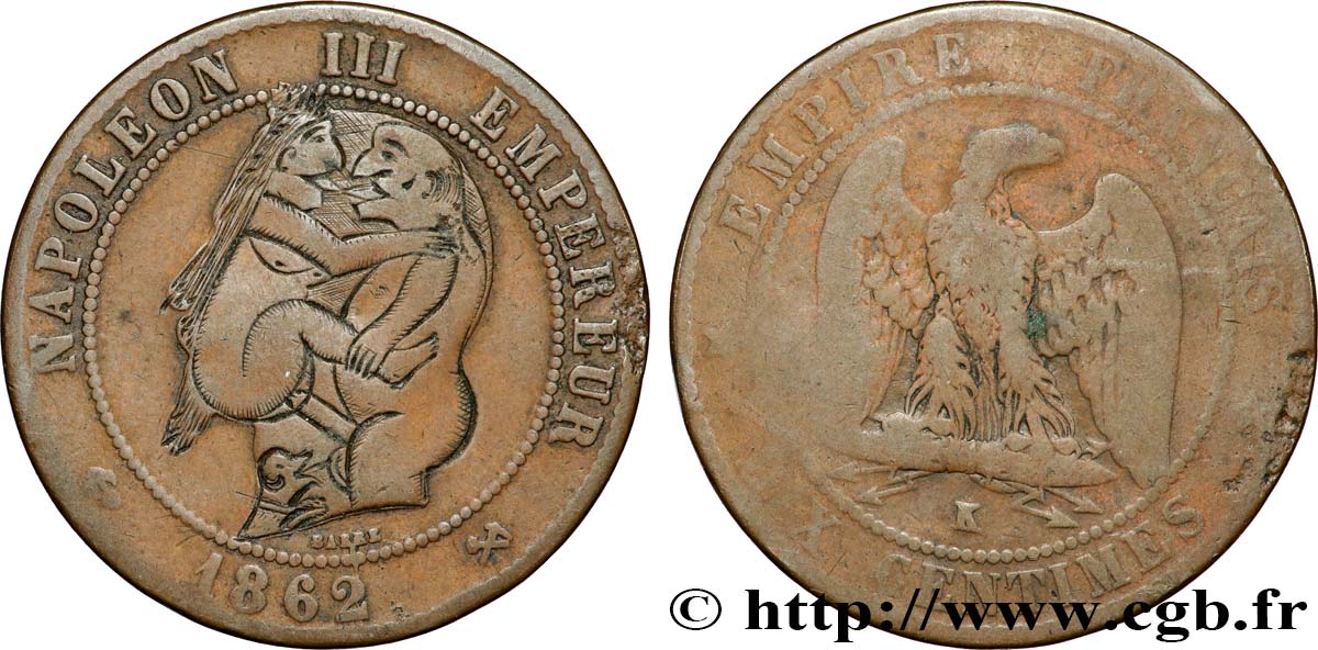 Dix centimes Napoléon III, tête laurée, regravure érotique avec un chien 1862 Bordeaux F.134/9 VG 