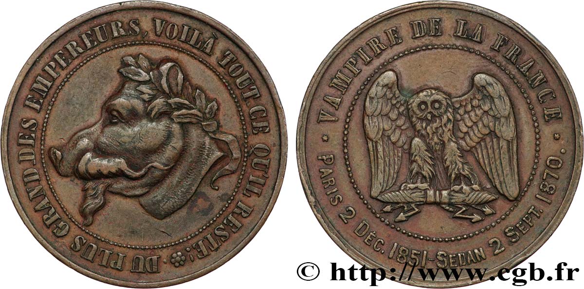 Monnaie satirique Cu 32, module de dix centimes à la tête de cochon 1870  Schw.C6b p.353 q.SPL 