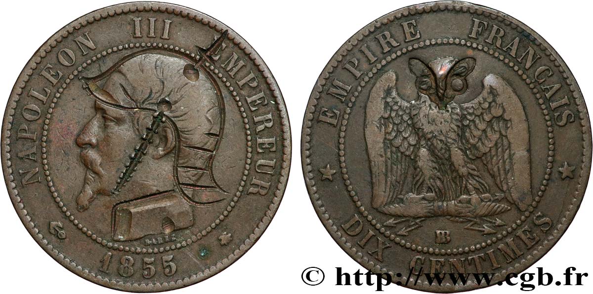 Dix centimes Napoléon III, tête nue, satirique 1855 Strasbourg F.133/23 var. VF 