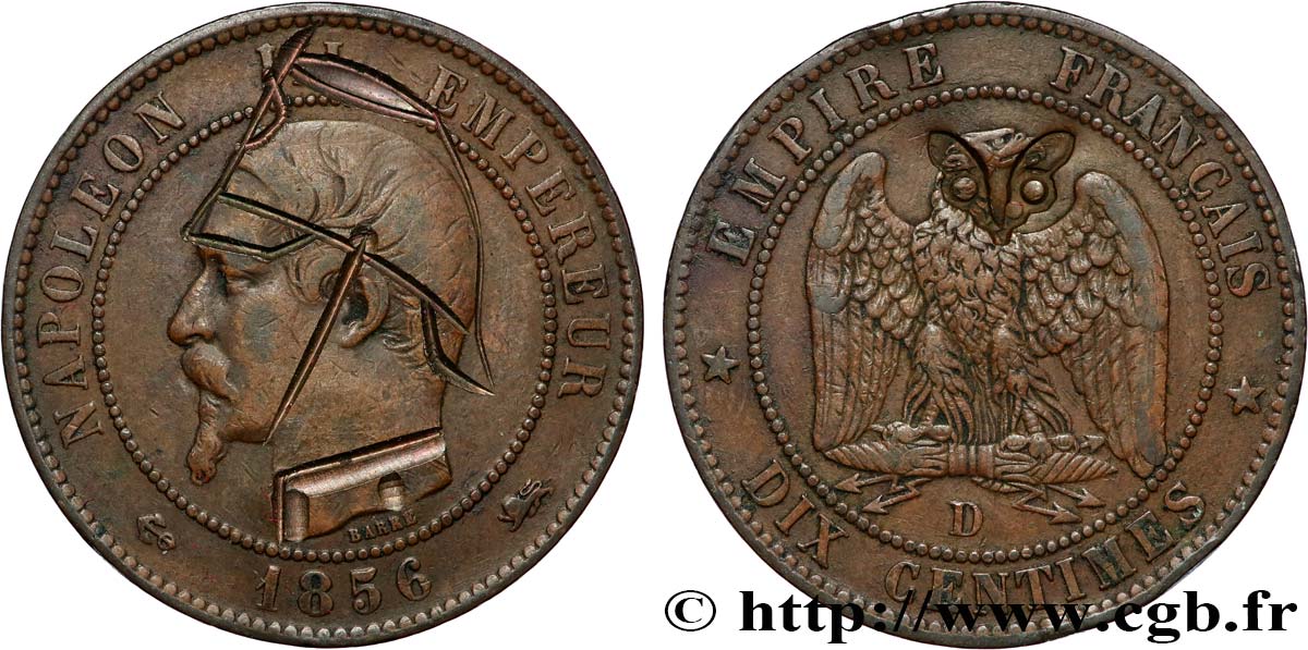 Dix centimes Napoléon III, tête nue, satirique 1856 Lyon F.133/36 var. TB+ 