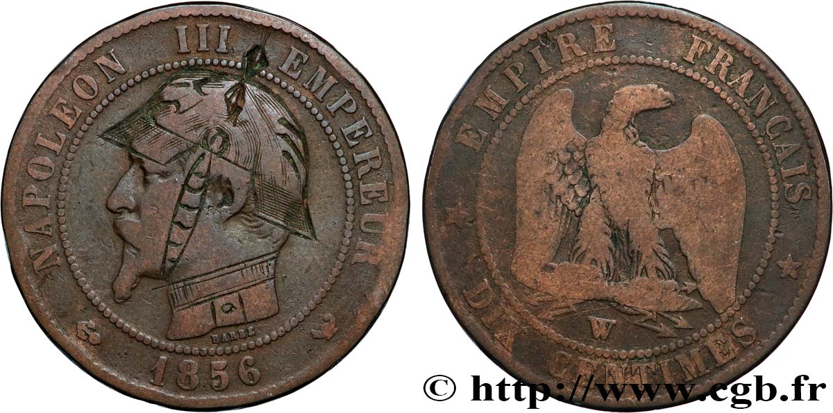 Dix centimes Napoléon III, tête nue, satirique 1856 Lille F.133/40 var. VF 