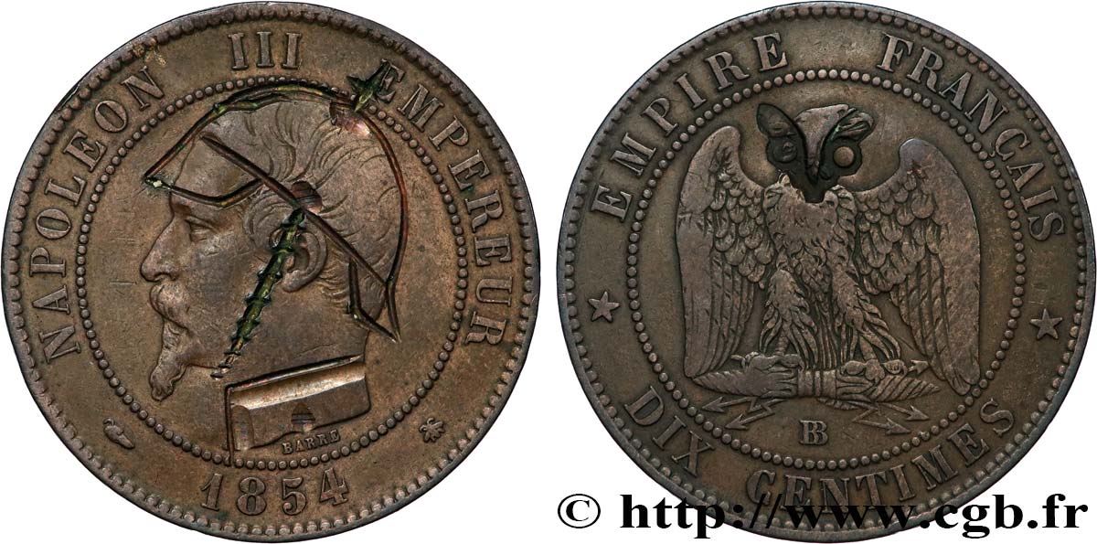 Dix centimes Napoléon III, tête nue, satirique 1854 Strasbourg F.133/14 var. TB+ 