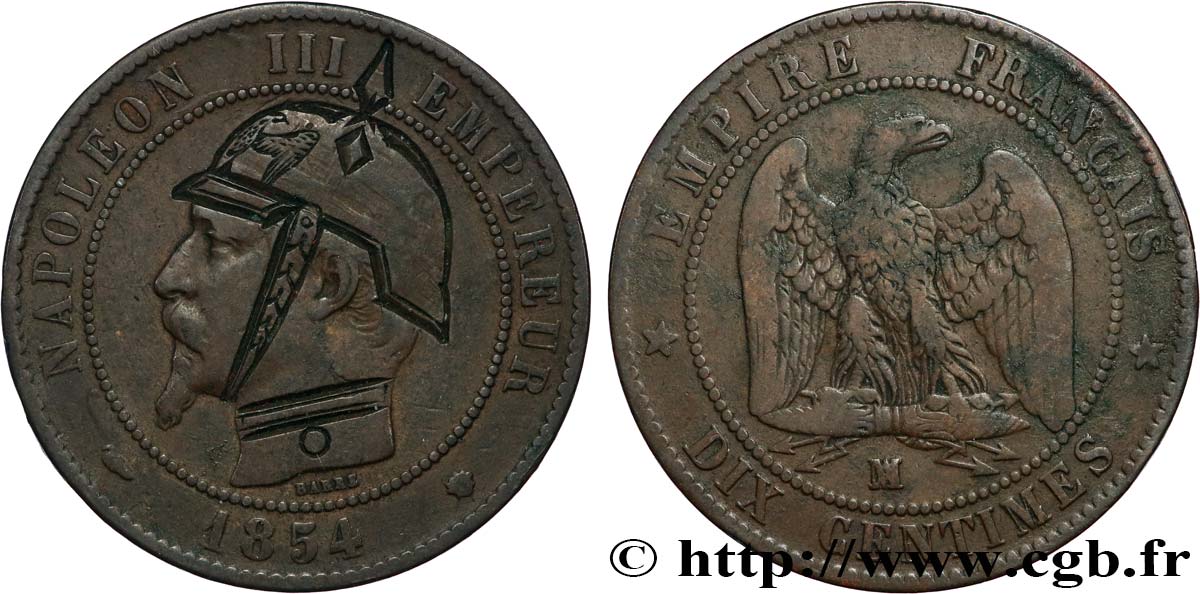 Dix centimes Napoléon III, tête nue, satirique 1854 Marseille F.133/17 var. BC 