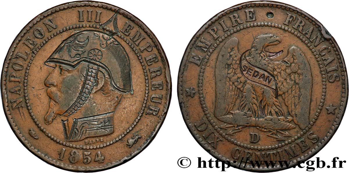 Dix centimes Napoléon III, tête nue, satirique 1854 Lyon F.133/15 var. VF 