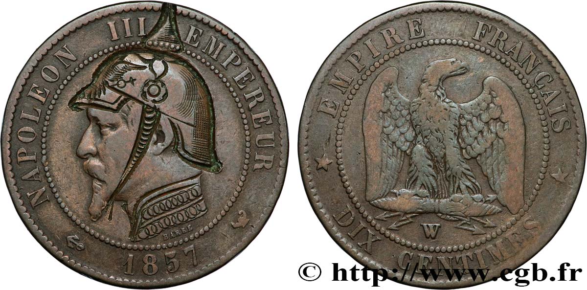 Dix centimes Napoléon III, tête nue, satirique 1857 Lille F.133/46 var. F 