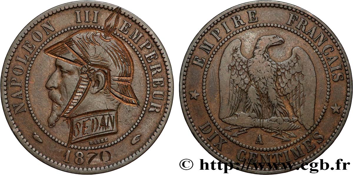 Dix centimes Napoléon III, tête nue, satirique 1870 Paris F.133/- var. VF 