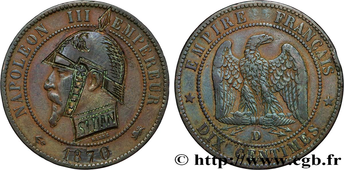 Dix centimes Napoléon III, tête nue, satirique 1870 Lyon F.133/- var. VF 