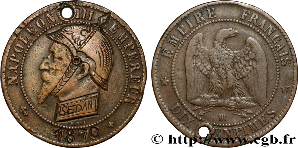 Dix centimes Napoléon III, tête nue, différent levrette, satirique 1870 Strasbourg F.133/- var. BC 
