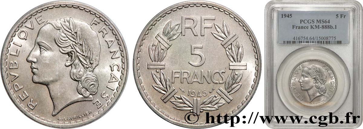 5 francs Lavrillier, aluminium, 9 ouvert 1945  F.339/3 SC64 PCGS