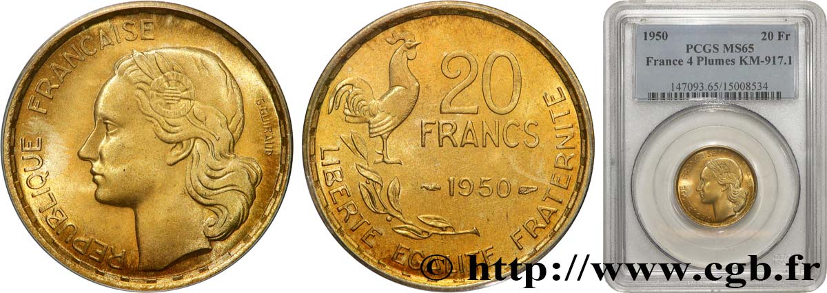20 francs G. Guiraud 1950  F.402/3 MS65 PCGS