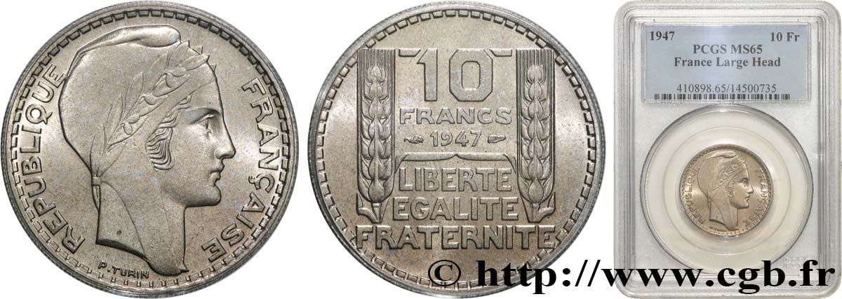 10 francs Turin, grosse tête, rameaux courts 1947  F.361A/4 MS65 PCGS