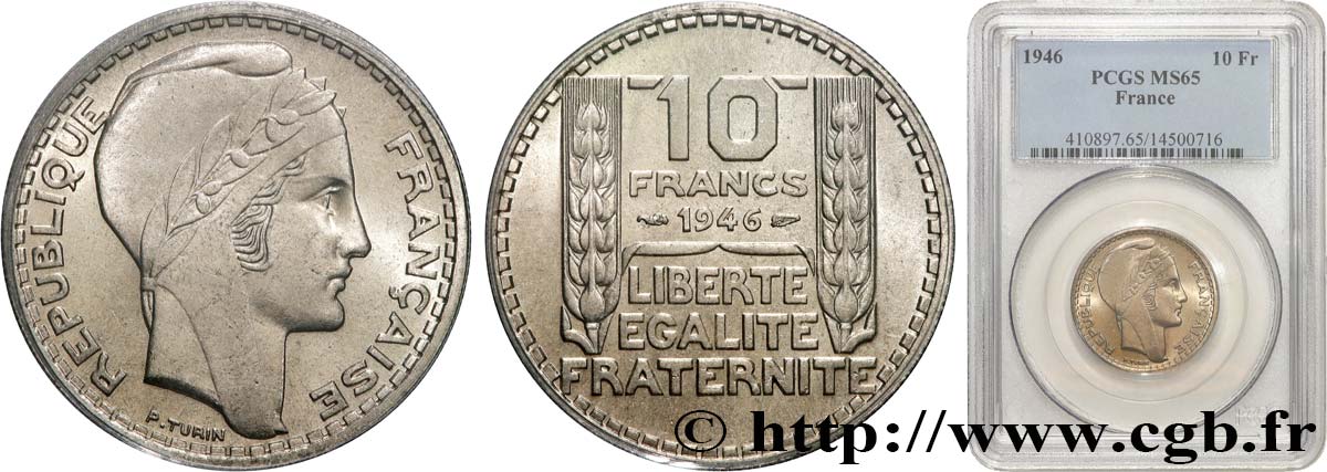 10 francs Turin, grosse tête, rameaux courts 1946  F.361A/2 MS65 PCGS