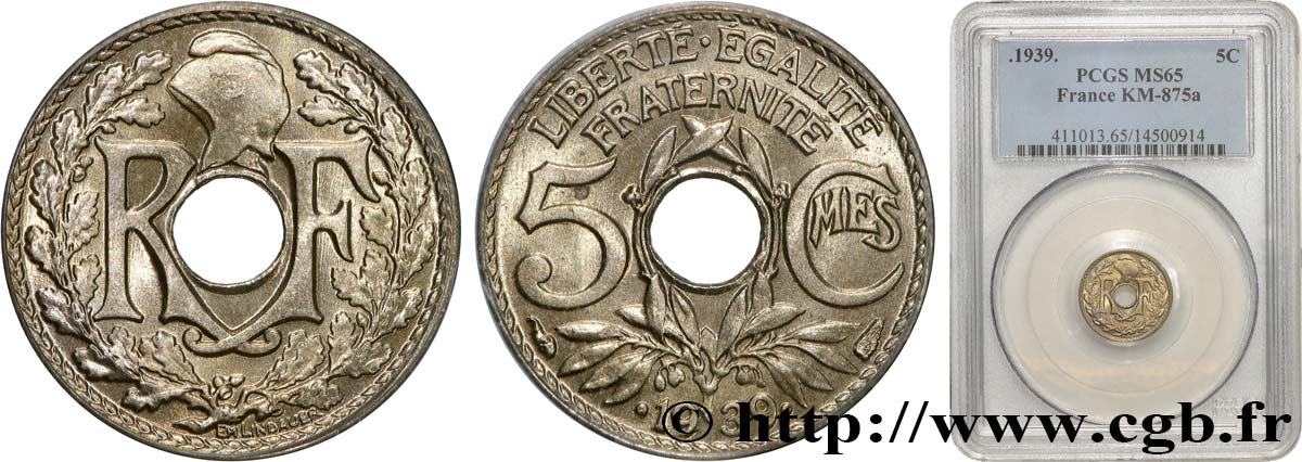 5 centimes Lindauer, maillechort 1939 Paris F.123A/3 ST65 PCGS