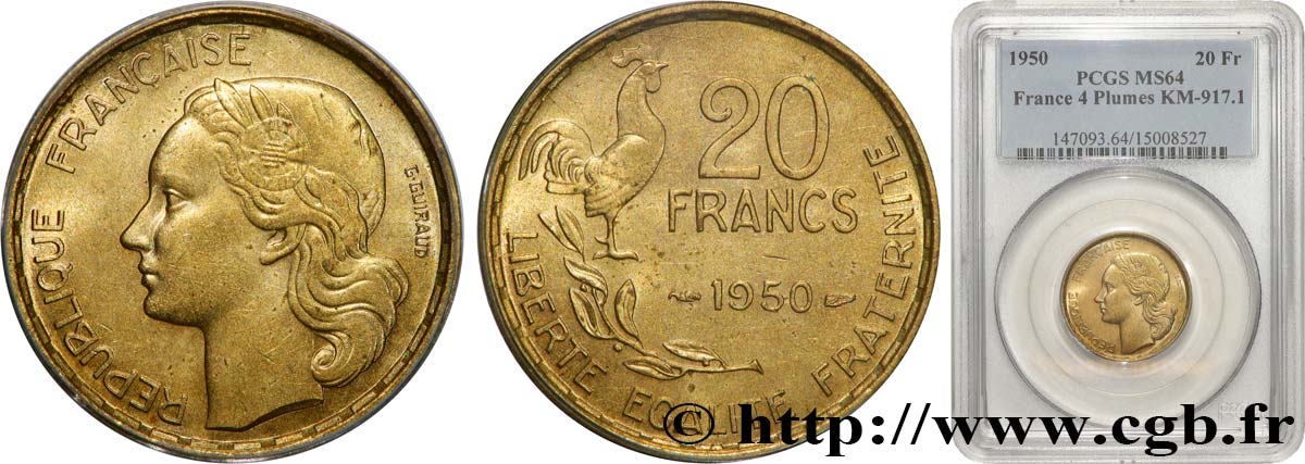 20 francs G. Guiraud 1950  F.402/3 MS64 PCGS