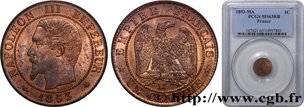 Un centime Napoléon III, tête nue 1853 Marseille F.102/7 SPL63 PCGS