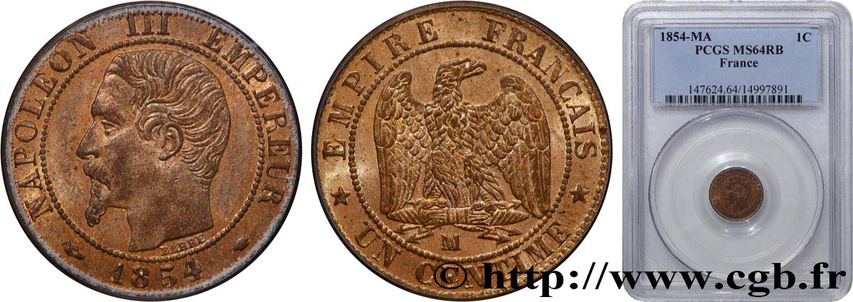 Un centime Napoléon III, tête nue 1854 Marseille F.102/14 fST64 PCGS