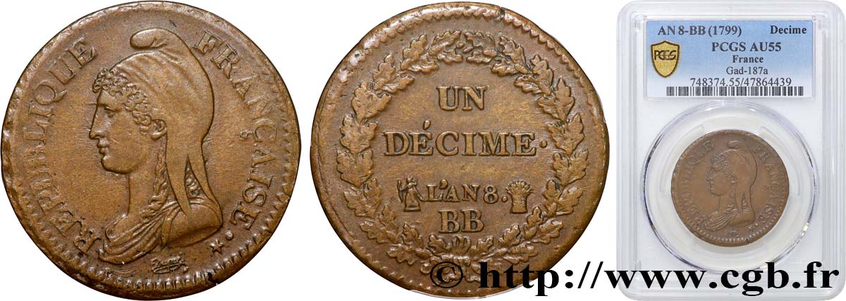 Un décime Dupré, grand module 1800 Strasbourg F.129/62 EBC55 PCGS